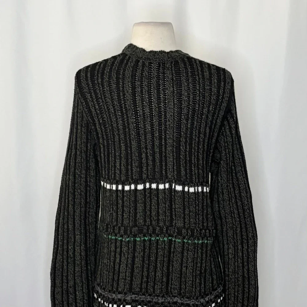 DRIES‎ VAN NOTEN Green Striped Pullover Knit Sweater V Neck Medium